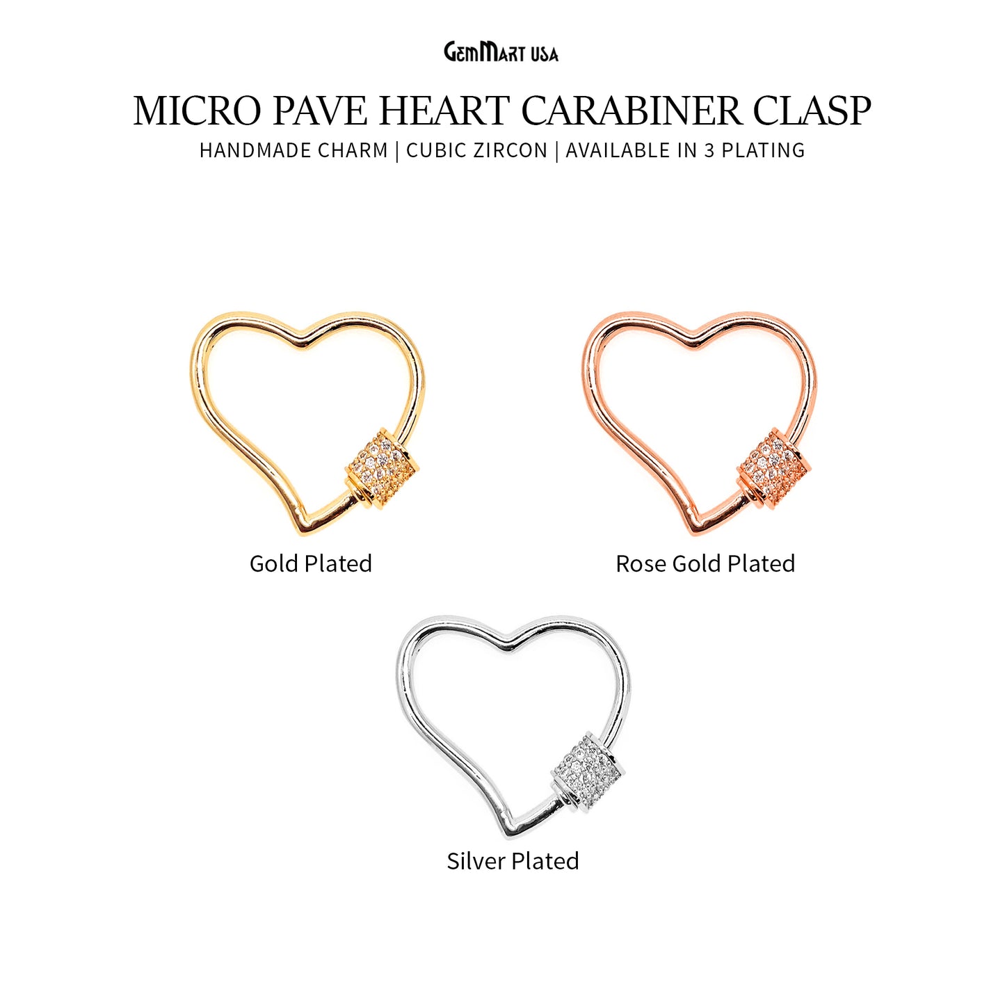 Micro Pave Heart Carabiner Clasp With Heart Charm Screw Clasp