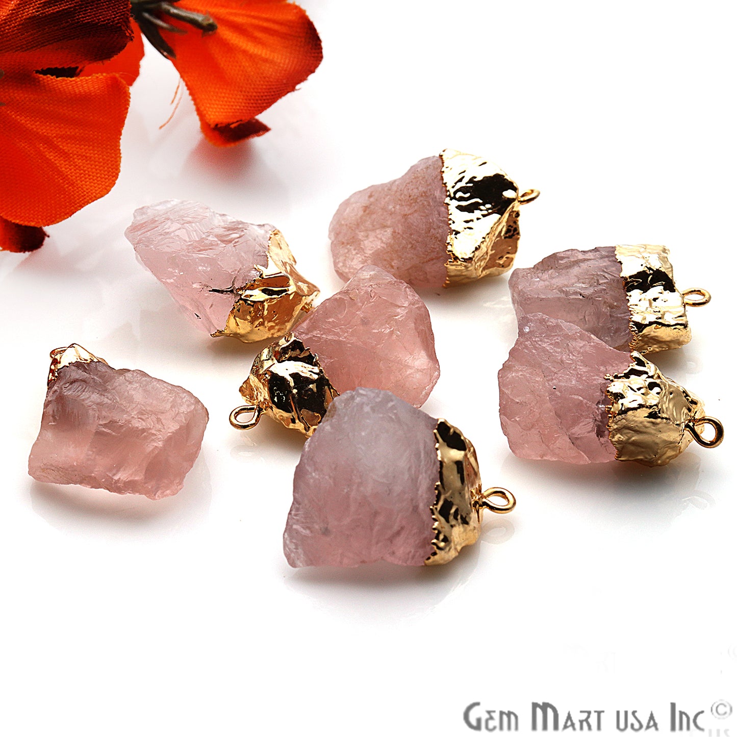 Rough Rose Quartz Gemstone 25x18mm Organic Gold Edged Single Bail Connector Charm - GemMartUSA