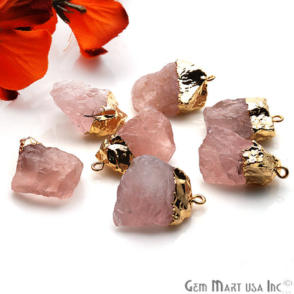 Rough Rose Quartz Gemstone 25x18mm Organic Gold Edged Single Bail Connector Charm - GemMartUSA