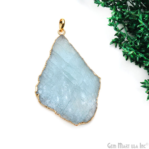 Aquamarine Free Form shape 62x41mm Gold Electroplated Gemstone Single Bail Pendant