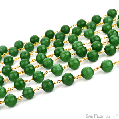 Green Jade Faceted Beads 8mm Gold Plated Wire Wrapped Rosary Chain