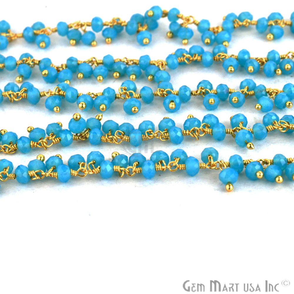 Sky Blue Cluster Beads Gold Plated Wire Wrapped Dangle Rosary Chain - GemMartUSA
