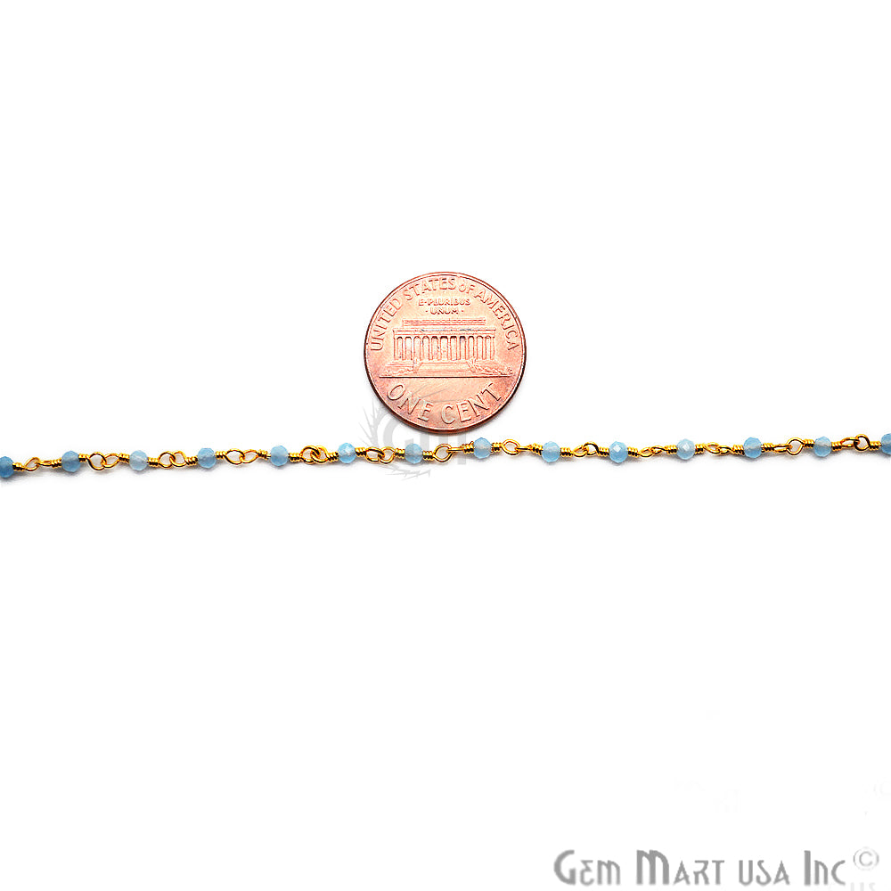 Light Blue Chalcedony Gold Plated Wire Wrapped Gemstone Beads Rosary Chain - GemMartUSA (762912997423)