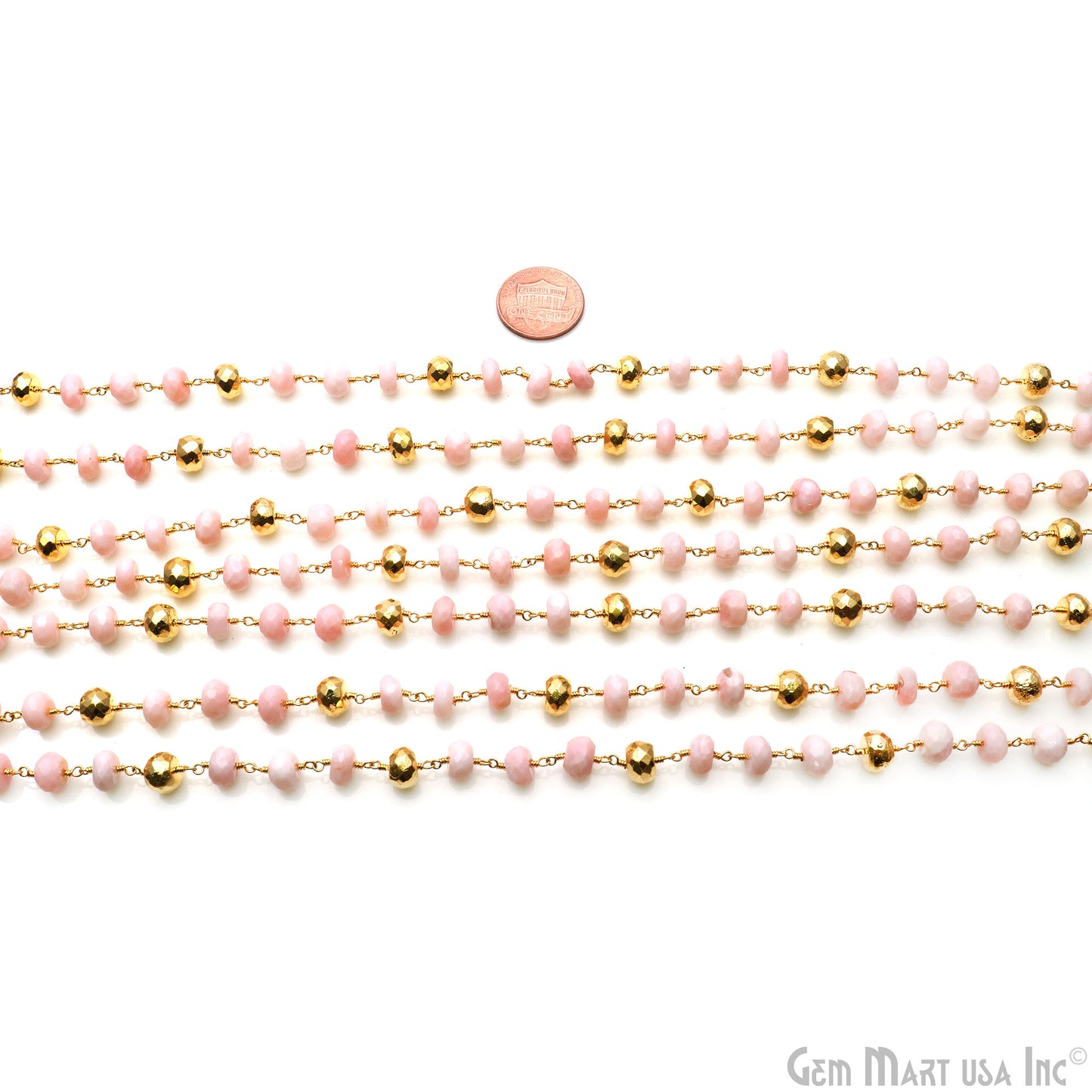 Pink Opal & Golden Pyrite Rondelle Bead Gold Rosary Chain