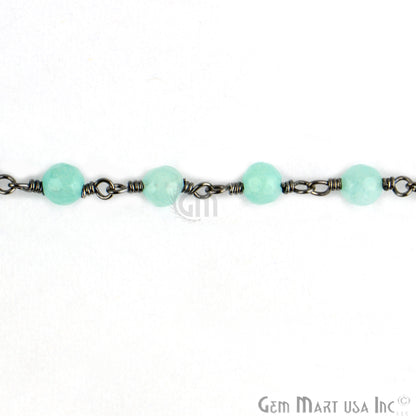 Aqua Jade 4mm Oxidized Wire Wrapped Beads Rosary Chain