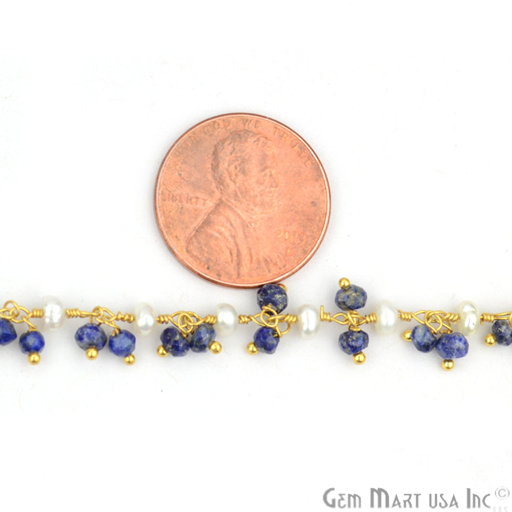 Lapis With Pearl Faceted Beads Gold Wire Wrapped Cluster Dangle Chain - GemMartUSA (764172763183)