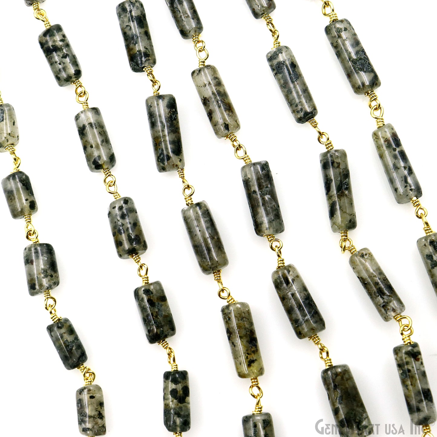 Black Rutilated Cabochon Tumble Beads 10x5mm Gold Plated Wire Wrapped Rosary Chain