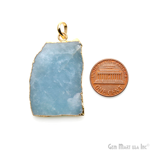 Aquamarine Free Form shape 41x26mm Gold Electroplated Gemstone Single Bail Pendant