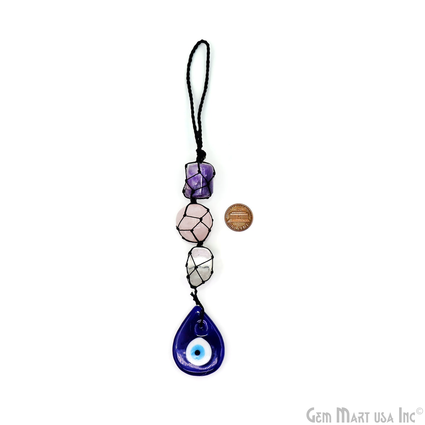 Macrame Multi Color Tumbled Gemstone Car Hanging Crystal Evil Eye Wall Hanging 9 Inch