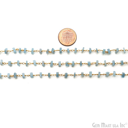 Aquamarine Square Beads 4-5mm Gold Wire Wrapped Rosary Chain