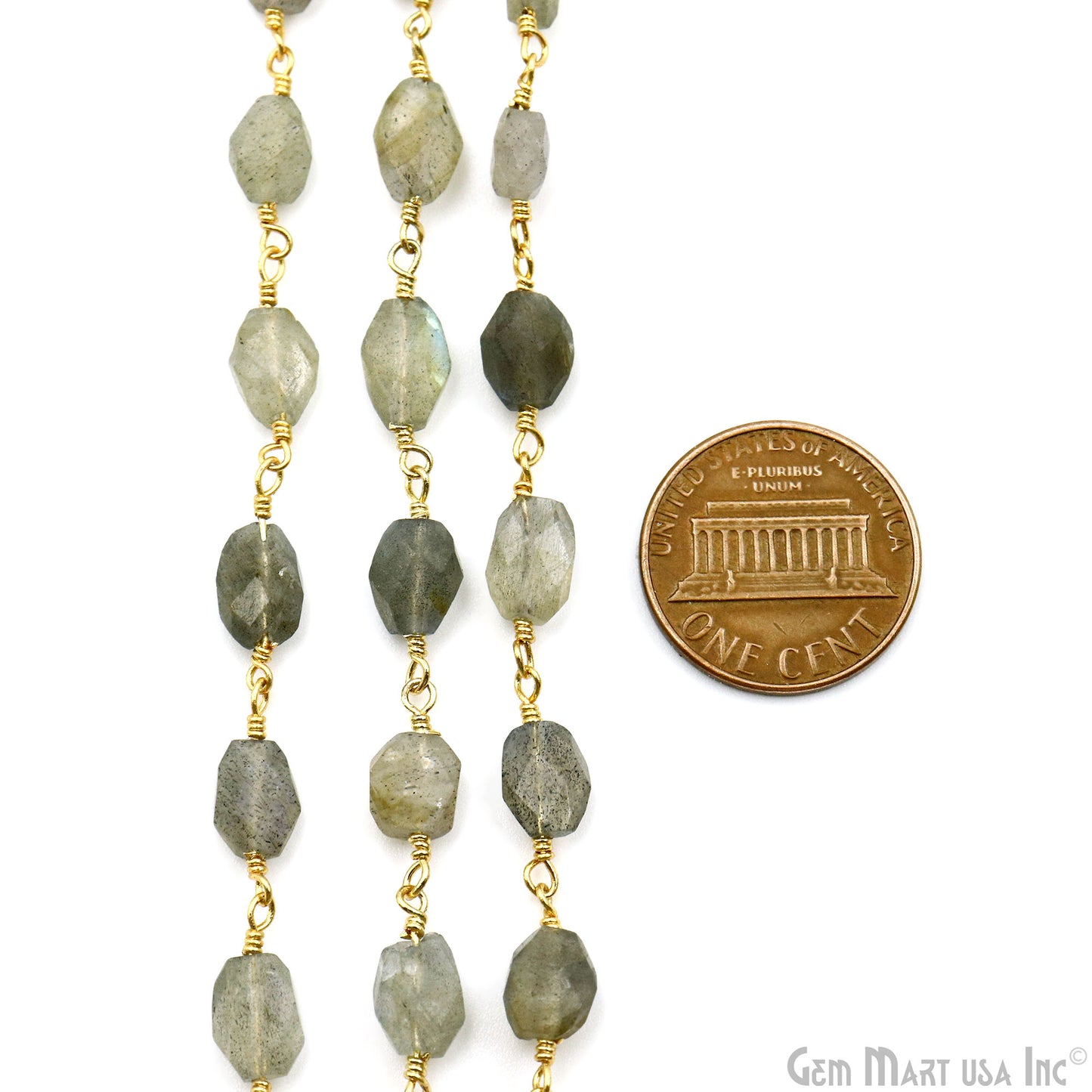 Labradorite Faceted Beads 6x8mm Gold Wire Wrapped Rosary Chain