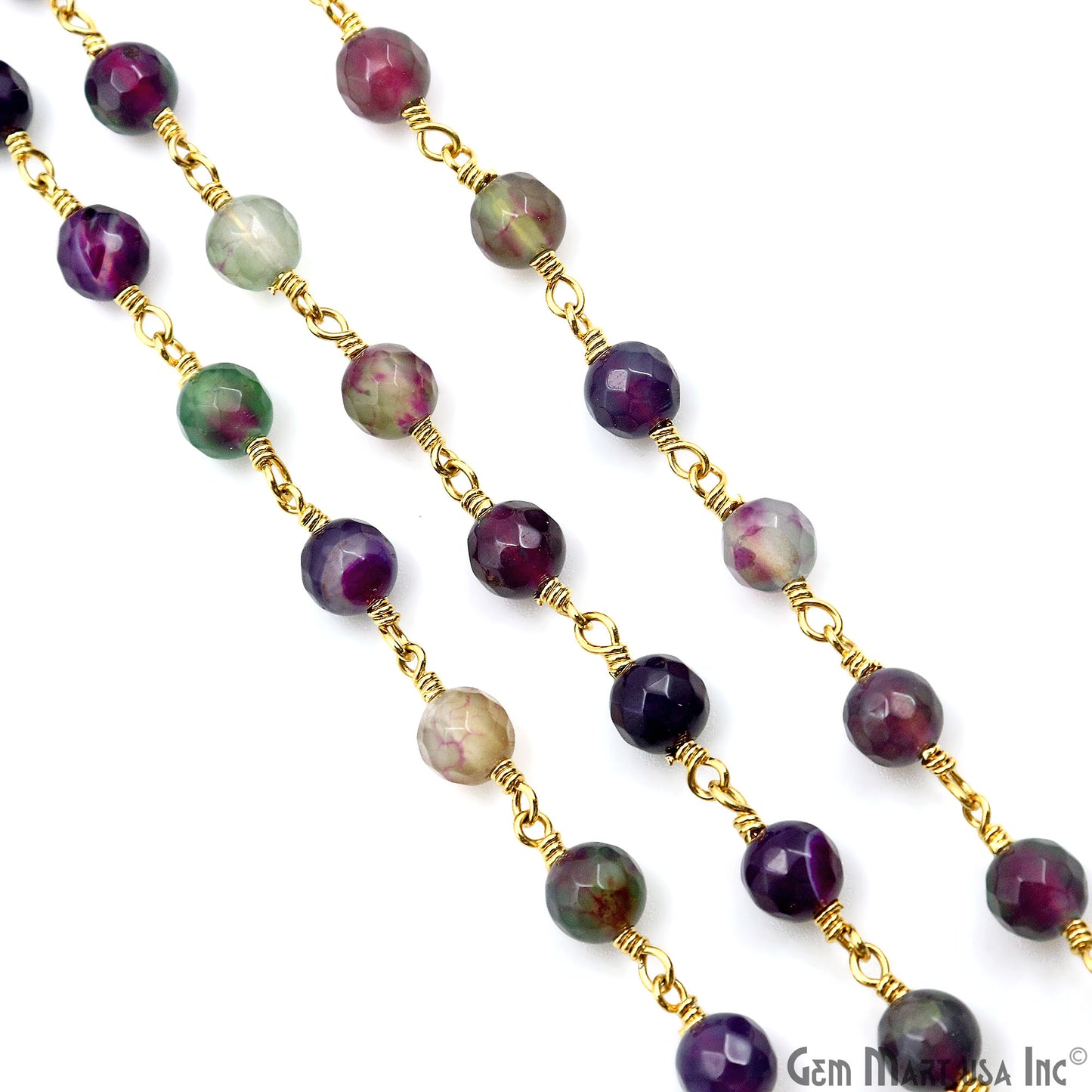 Purple Malaysia Jade Faceted Beads 6mm Gold Plated Wire Wrapped Rosary Chain