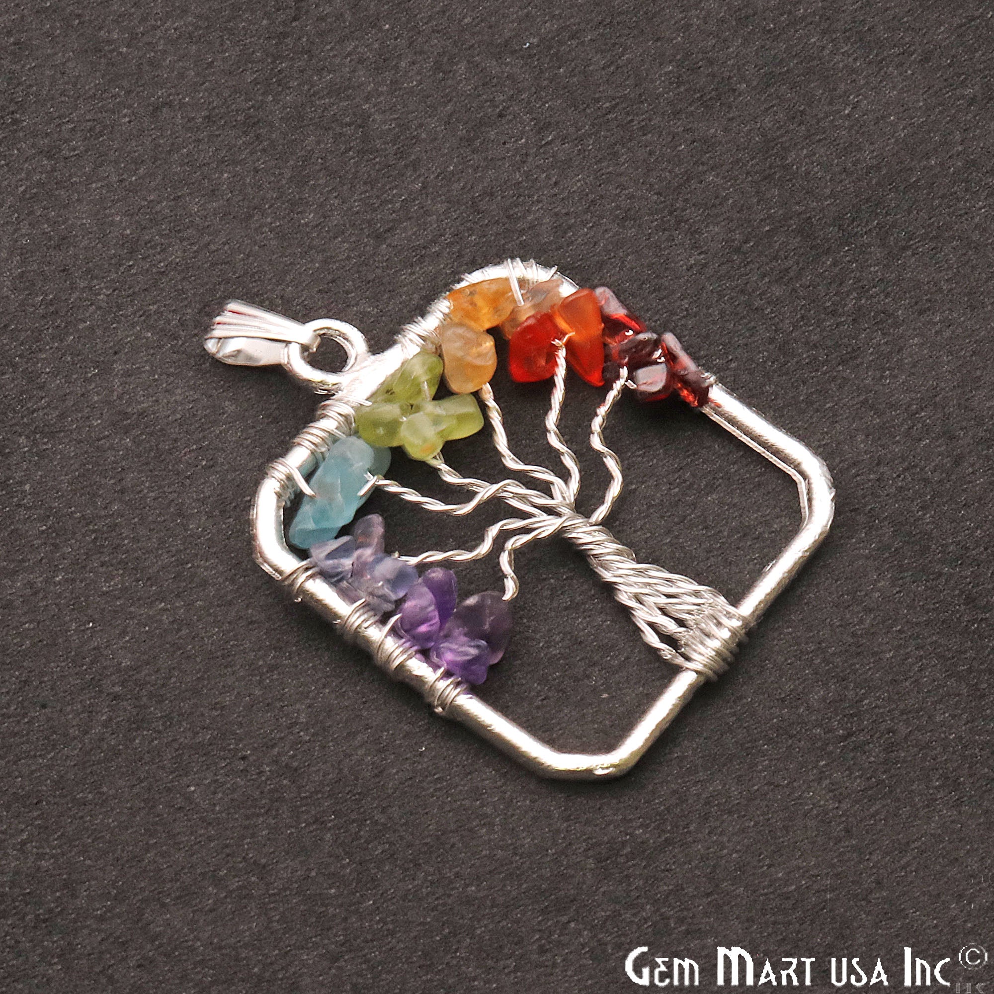 Multi Color Tree Of Life 39x35mm Silver Wire Wrapped Square Shape Pendant - GemMartUSA