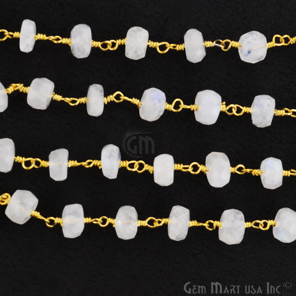 Rainbow Moonstone Rondelle 6-7mm Beads Chain, Gold Plated Wire Wrapped Rosary Chain - GemMartUSA (763793342511)