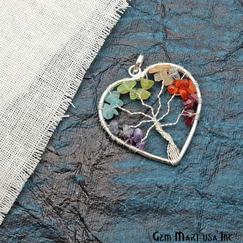 Tree of Life Multi Color Silver Heart 41x39mm Gemstone Healing Pendant - GemMartUSA