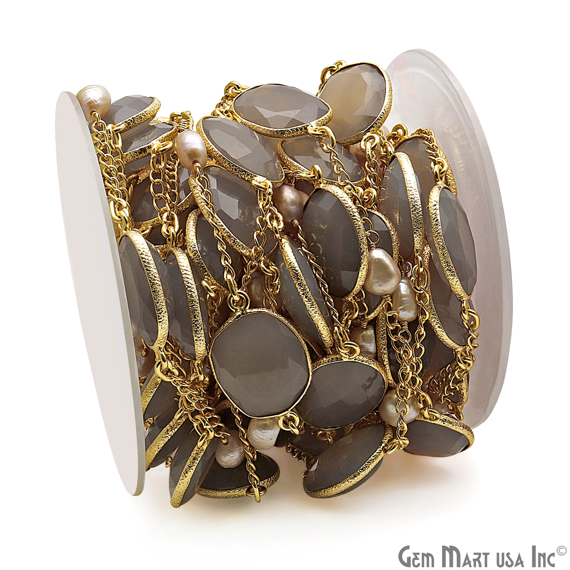 Smoky Chalcedony & Pearls Faceted Gold Plated Connector Chain - GemMartUSA