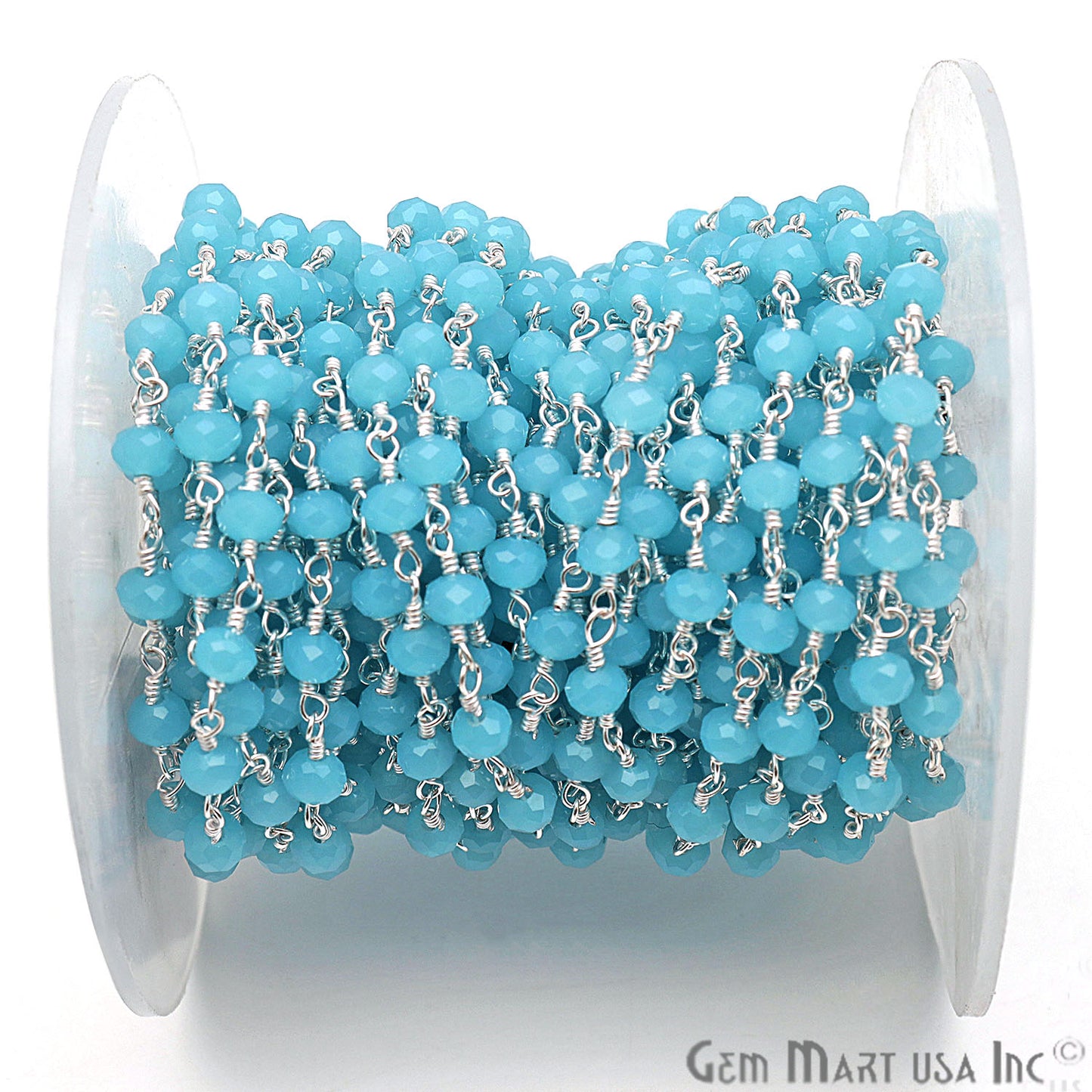 Aqua Chalcedony Faceted Beads Silver Plated Wire Wrapped Rosary Chain - GemMartUSA