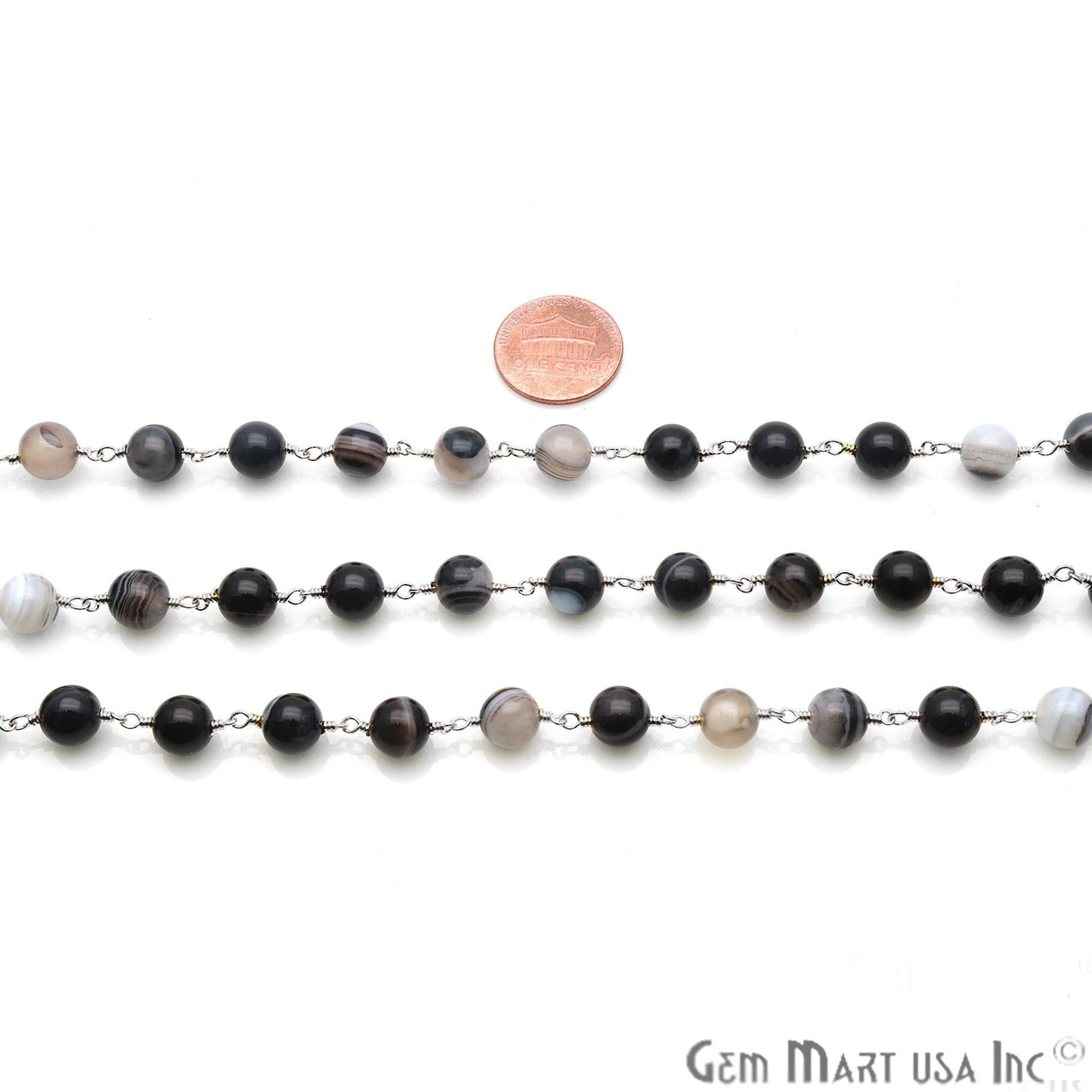 Black Onyx Smooth Beads Silver Plated Wire Wrapped Gemstone Rosary Chain - GemMartUSA