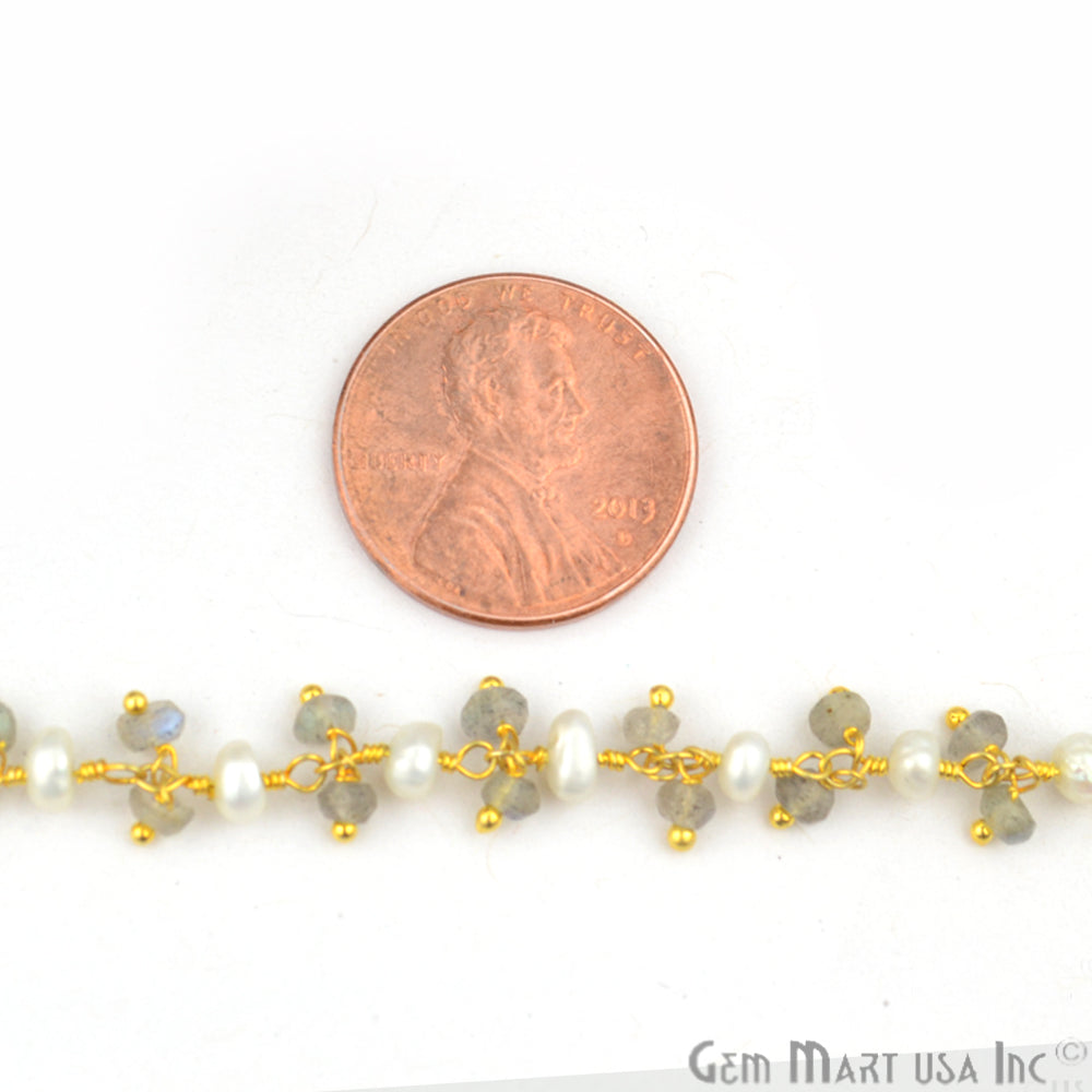 Labradorite With Pearl Faceted Beads Gold Plated Cluster Dangle Rosary Chain - GemMartUSA (764171550767)