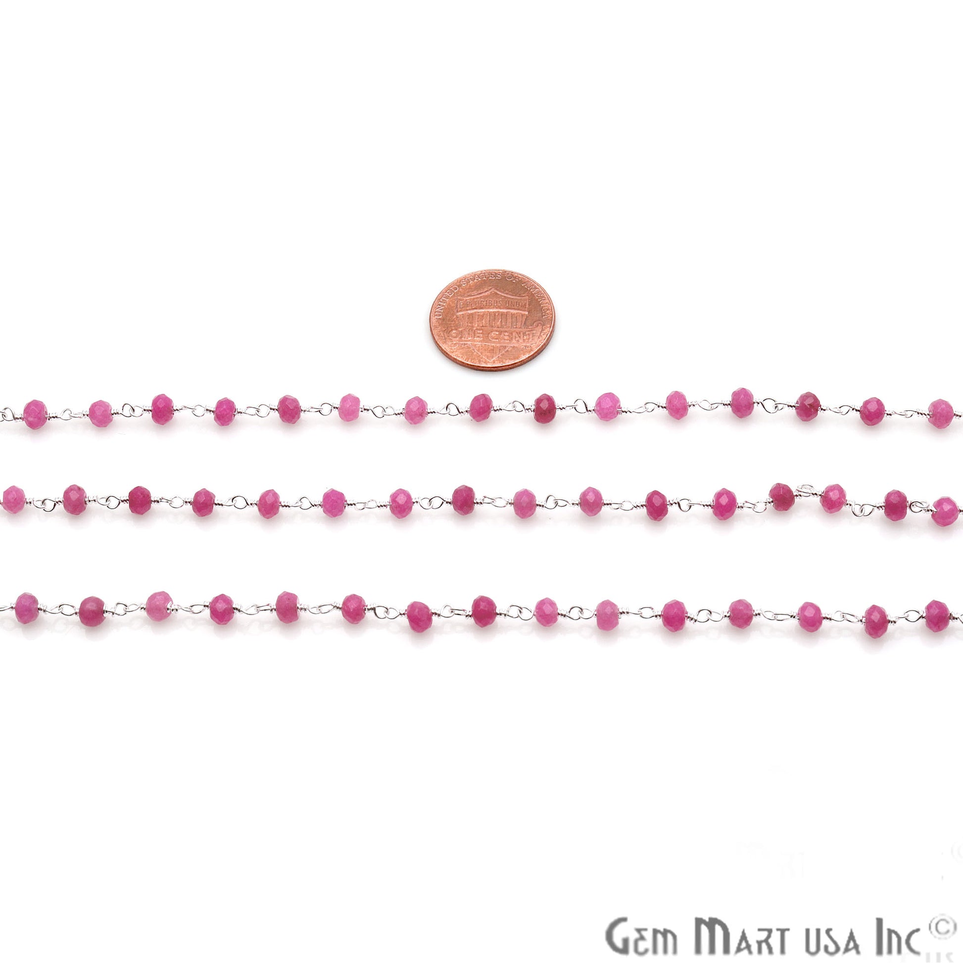 Hot Pink Jade Beads 4mm Silver Plated Wire Wrapped Rosary Chain - GemMartUSA