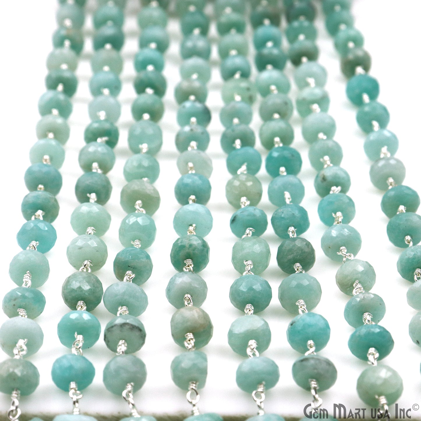 Amazonite 8-9mm Silver Plated Faceted Rondelle Beads Wire Wrapped Rosary Chain