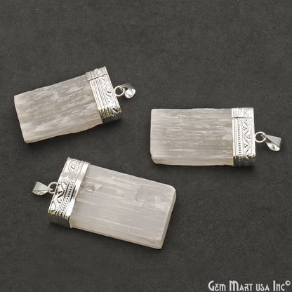 Selenite Rectangle 46x24mm Silver Connector Pendant