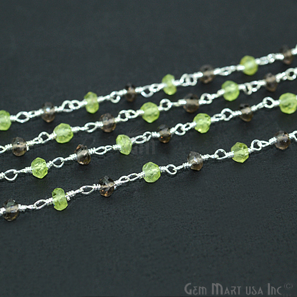 Smoky Topaz With Peridot 3-3.5mm, Silver Plated Wire Wrapped Rosary Chain