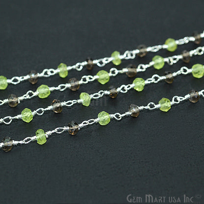 Smoky Topaz With Peridot 3-3.5mm, Silver Plated Wire Wrapped Rosary Chain