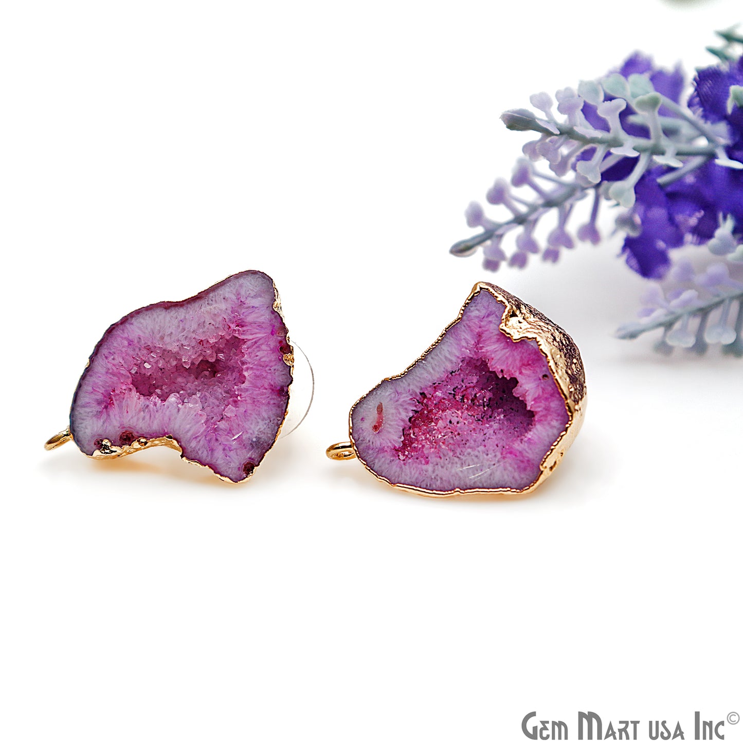 DIY Agate Slice Geode Druzy 27x17mm Gold Electroplated Loop Connector Studs Earrings - GemMartUSA