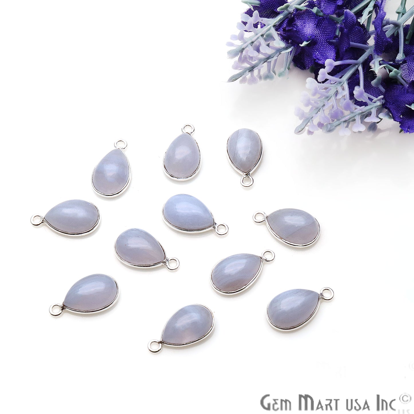Blue Lace Agate Pears 8x12mm Single Silver Plated Gemstone Cabochon Connector - GemMartUSA