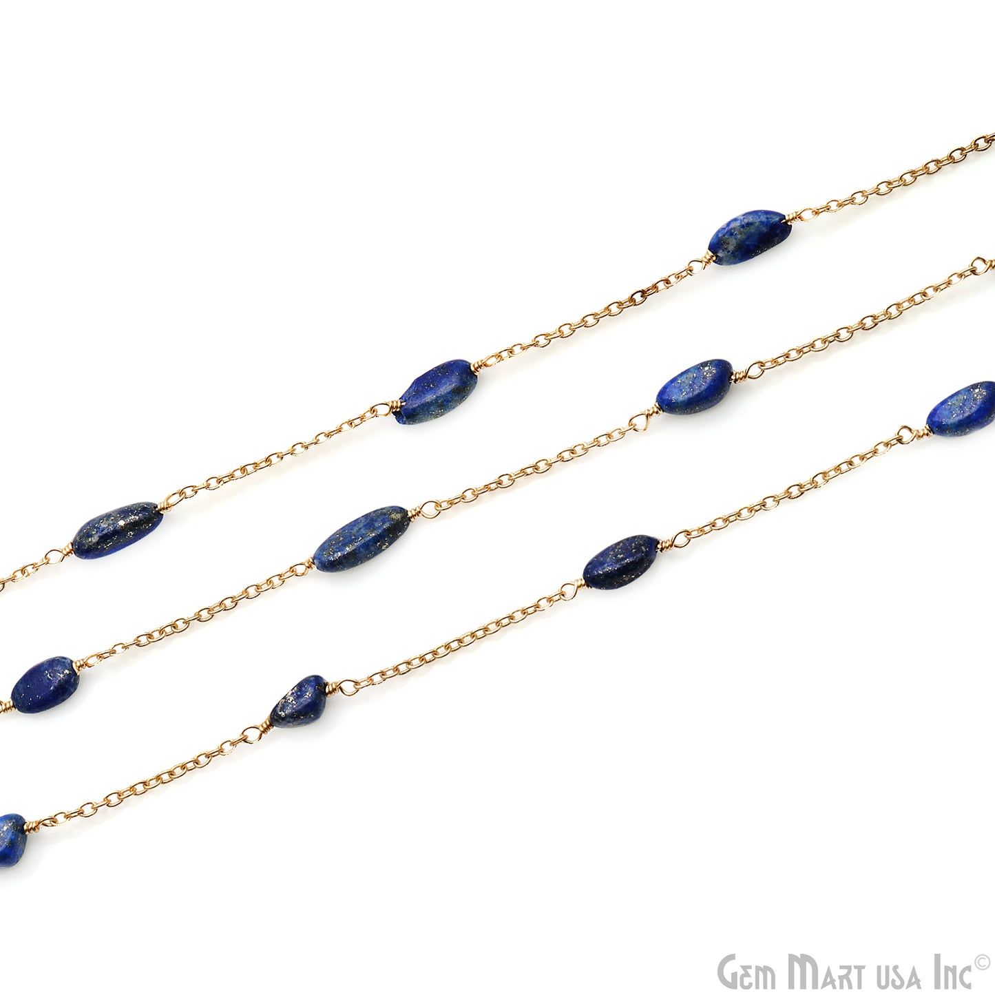 Lapis Tumble Beads 10x6mm Gold Wire Wrapped Rosary Chain