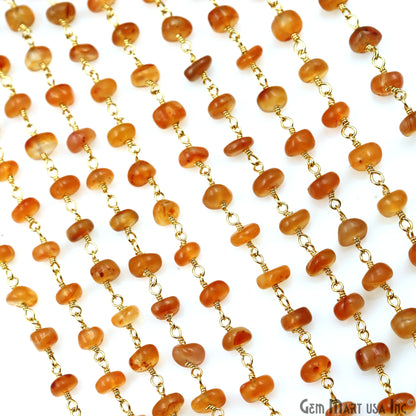 Carnelian Cabochon 4-5mm Gold Wire Wrapped Rosary Chain