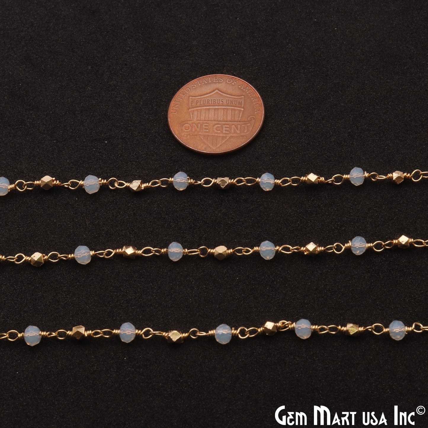 Rainbow Moonstone With Golden Pyrite 3-3.5mm Gold Wire Wrapped Rosary - GemMartUSA