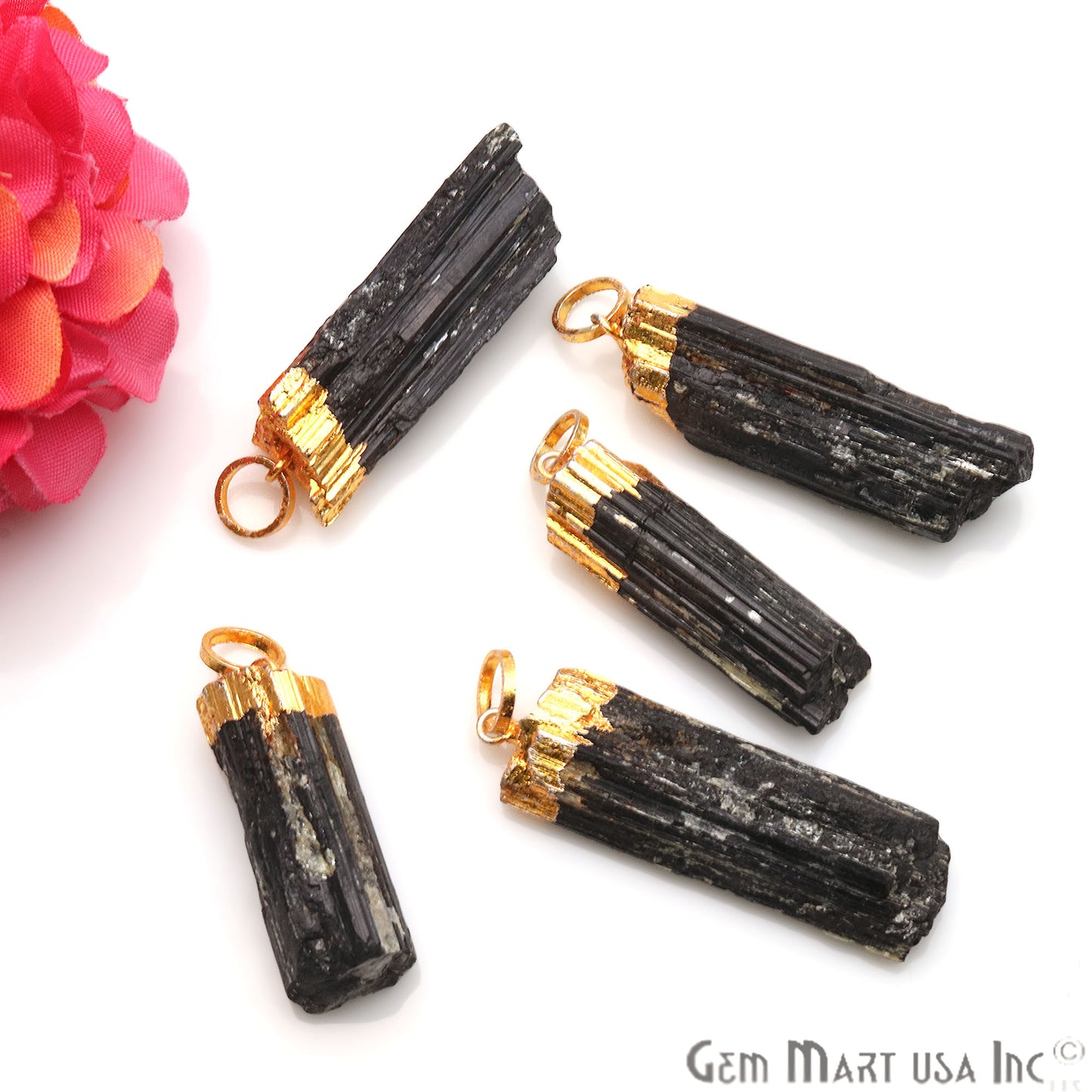 Black Tourmaline 45x13mm Free Form Gold Electroplated Single Bail Gemstone Connector - GemMartUSA