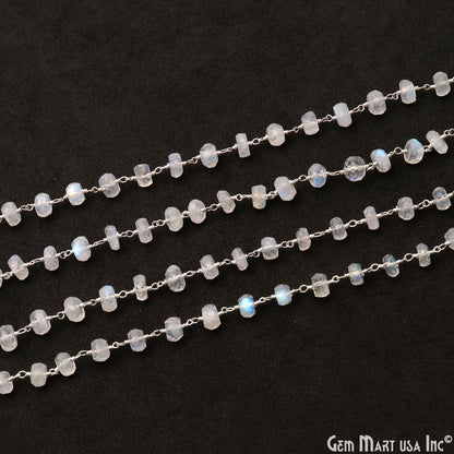 Rainbow Moonstone 6-7mm Silver Wire Wrapped Rondelle Faceted Bead Rosary Chain