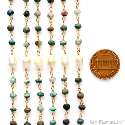 Chrysocolla 4mm Beads & Pearl 7x5mm Oval Beads Gold Plated Rosary