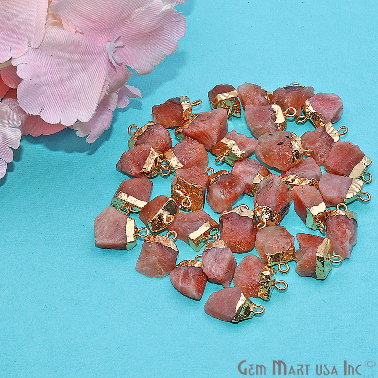 Rough Sunstone Bead 13x8mm Gold Edged Single Bail Gemstone Connector - GemMartUSA