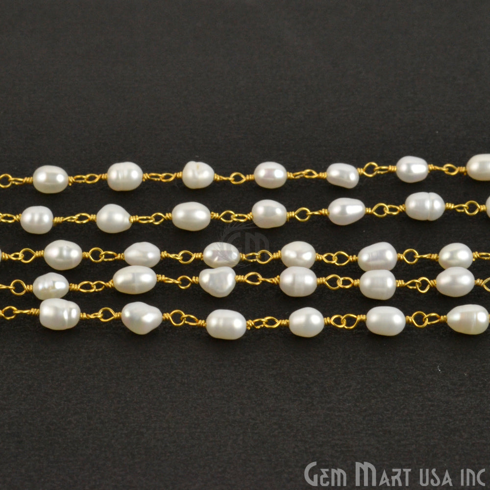 White Pearl Gemstone Gold Plated Wire Wrapped Bead Fancy Rosary Chain - GemMartUSA