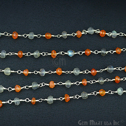 Carnelian With Labradorite Gemstone Beaded Silver Wire Wrapped Rosary Chain