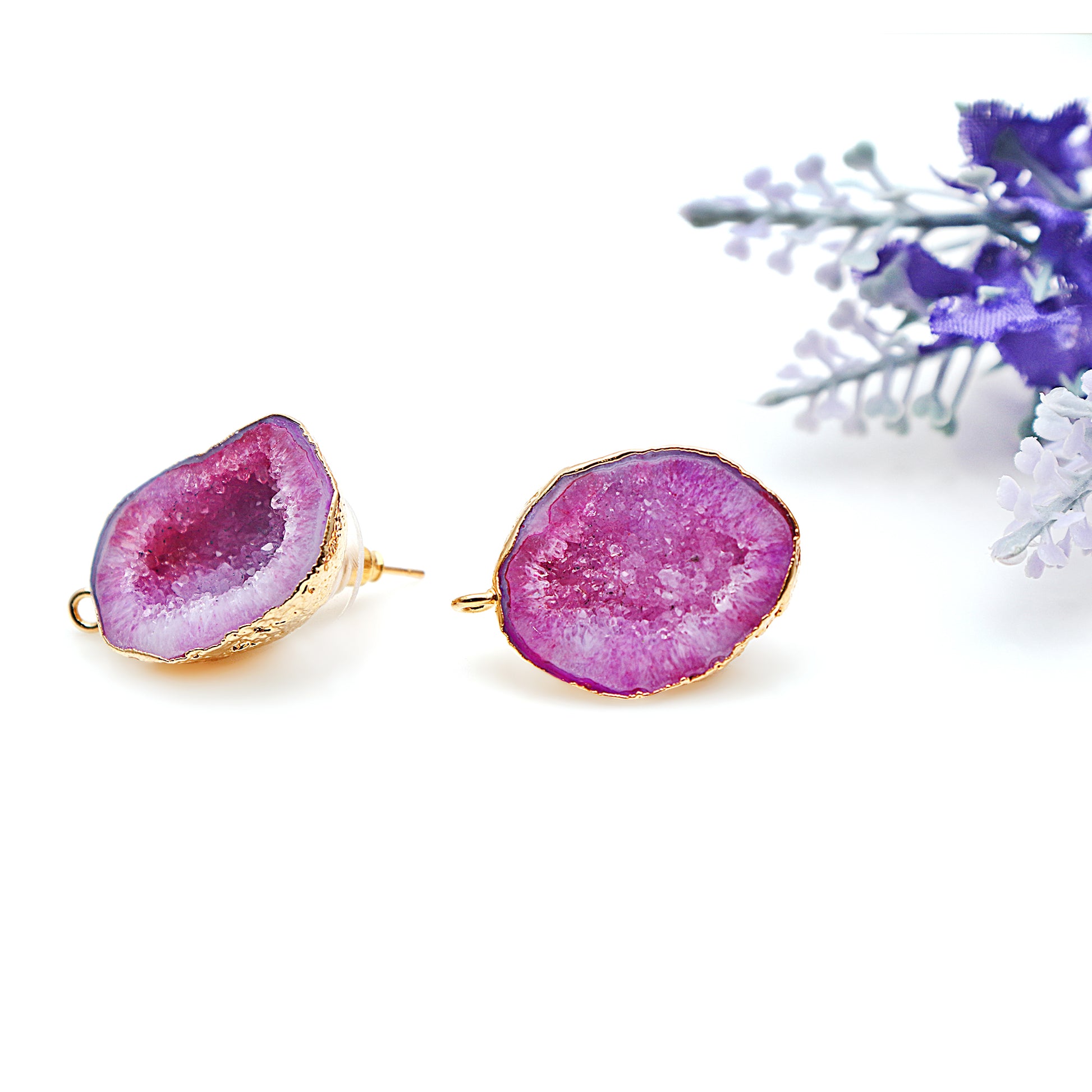 DIY Agate Slice Geode Druzy 18x27mm Gold Electroplated Loop Connector Studs Earrings - GemMartUSA