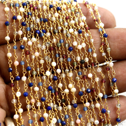 Multi Stone Faceted Beads 2-2.5mm Gold Plated Rosary Chain