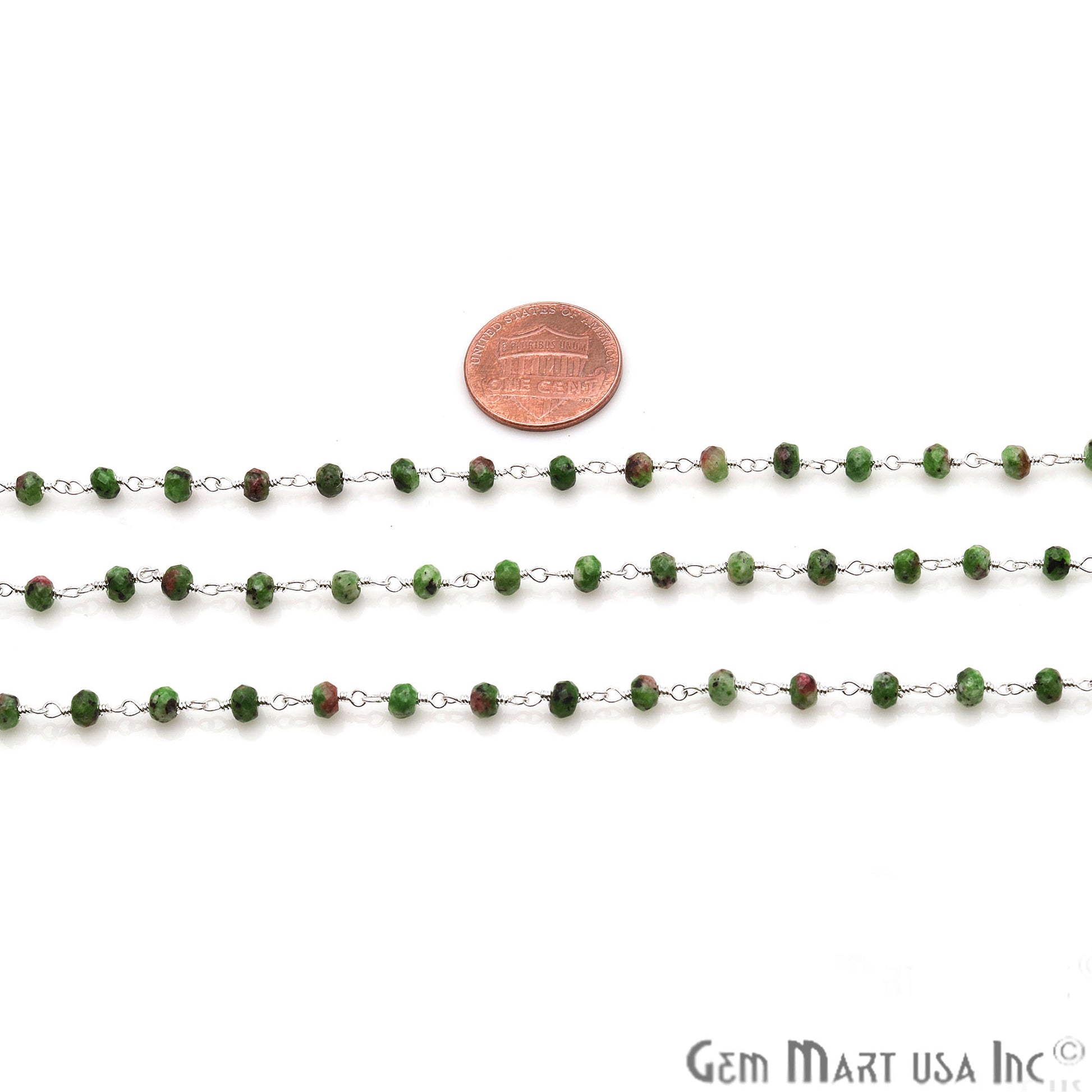 Ruby Zoisite Jade Faceted Beads 4mm Silver Plated Wire Wrapped Rosary Chain - GemMartUSA