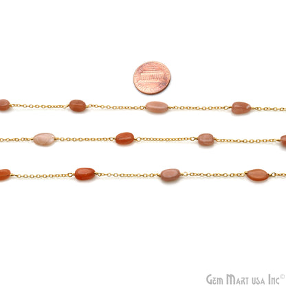 Peach Moonstone Tumble Beads 10x6mm Gold Wire Wrapped Rosary Chain