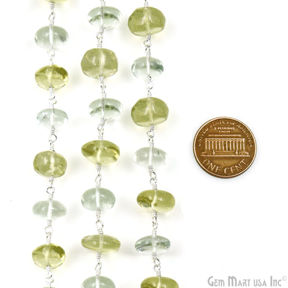 Green Amethyst & Lemon Topaz Cabochon Beads 9-10mm Silver Wire Wrapped Rosary Chain