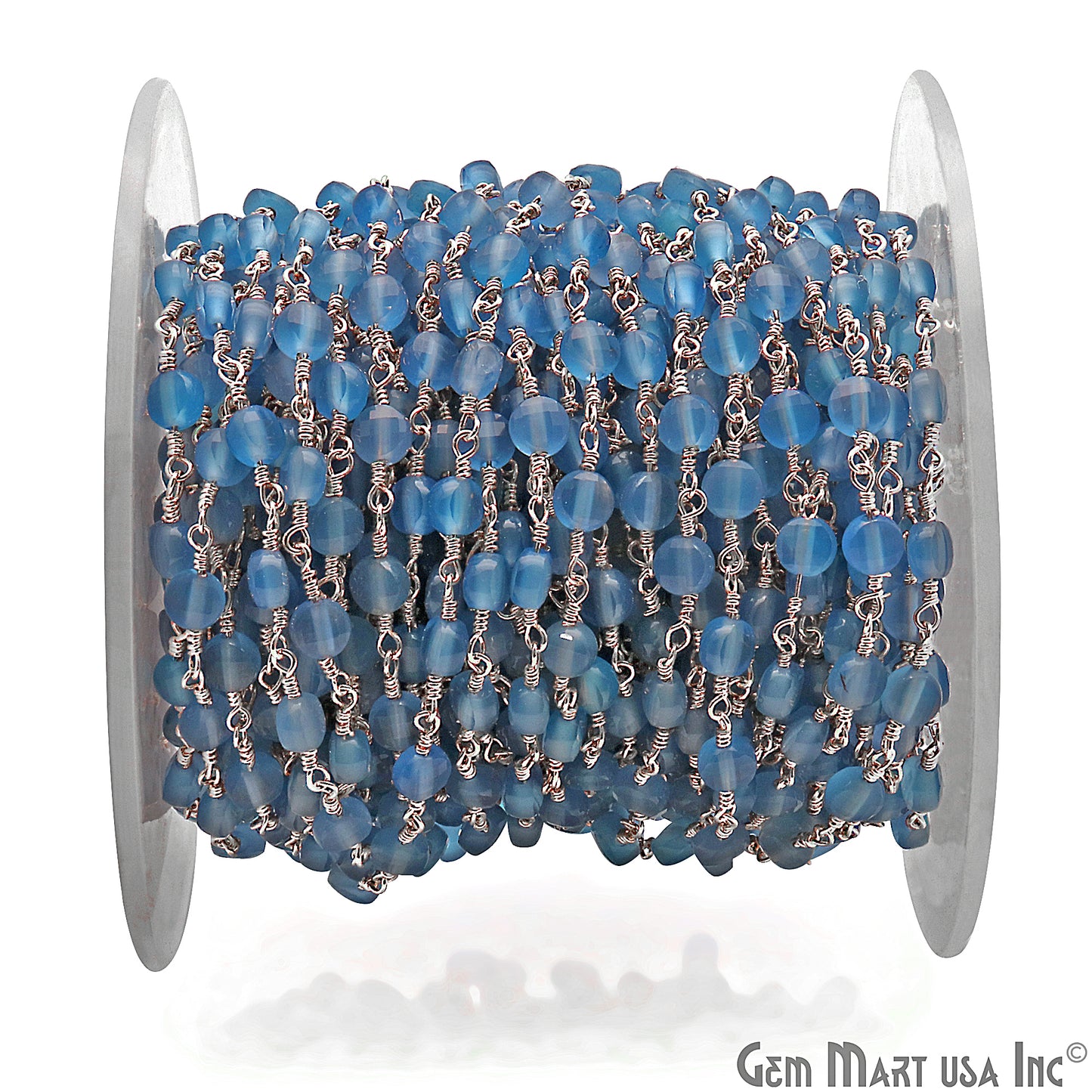 Sky Blue Chalcedony Faceted 3-4mm Silver Wire Wrapped Rosary Chain - GemMartUSA