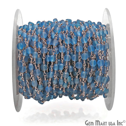 Sky Blue Chalcedony Faceted 3-4mm Silver Wire Wrapped Rosary Chain - GemMartUSA