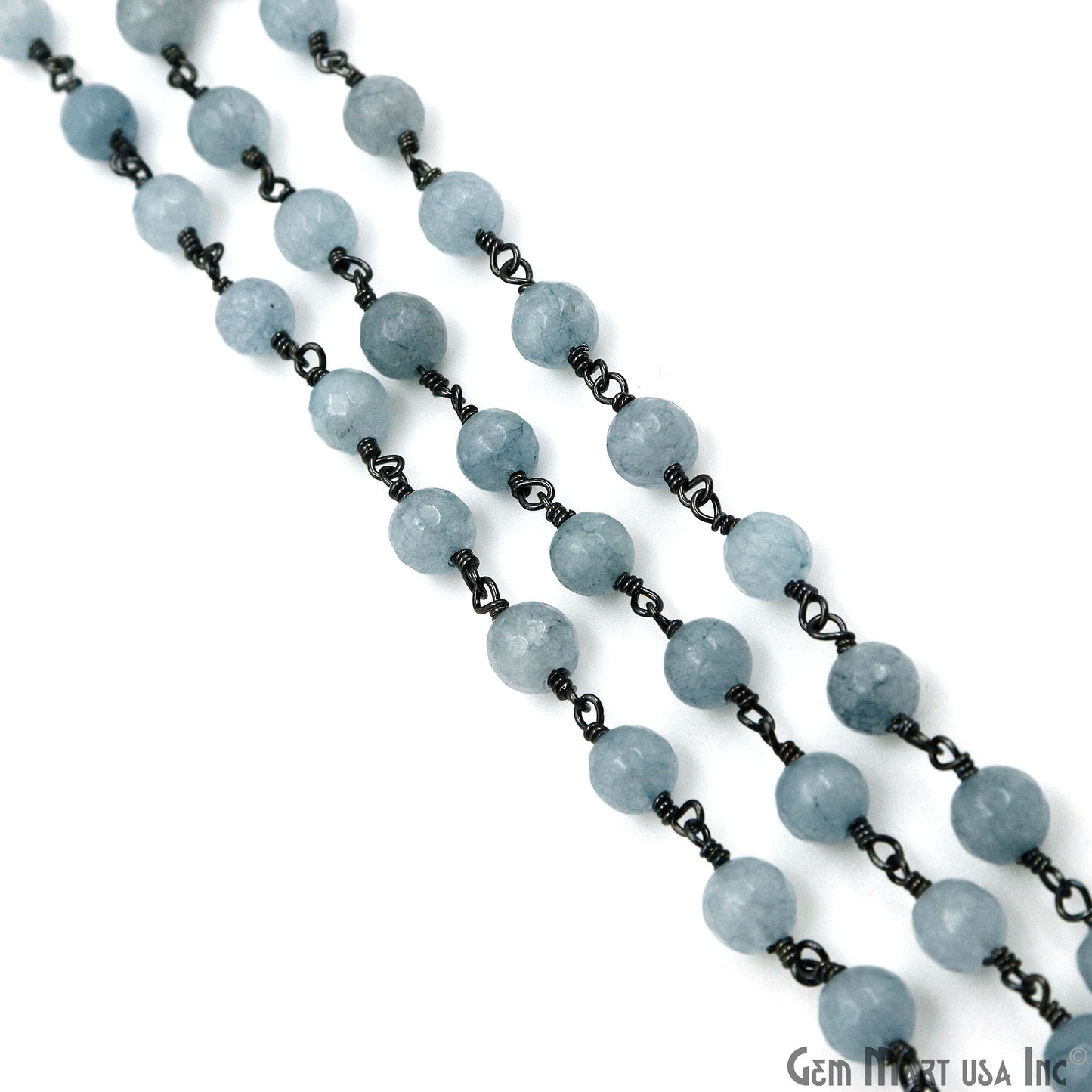 Gray Jade 6mm Faceted Beads Oxidized Wire Wrapped Rosary Chain