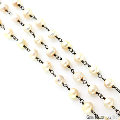 Pearl Round 5-6mm Oxidized Wire Wrapped Beads Rosary Chain