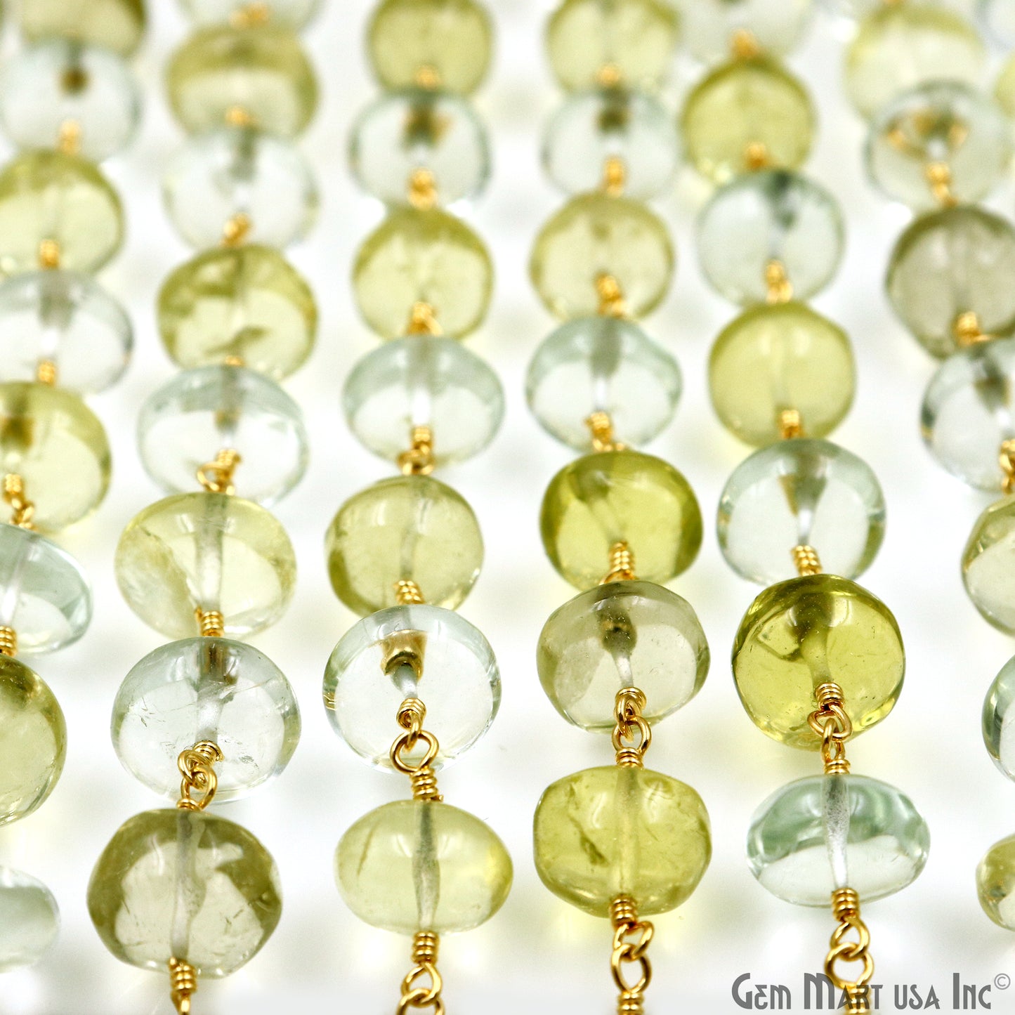 Green Amethyst & Lemon Topaz Cabochon Beads 9-10mm Gold Wire Wrapped Rosary Chain