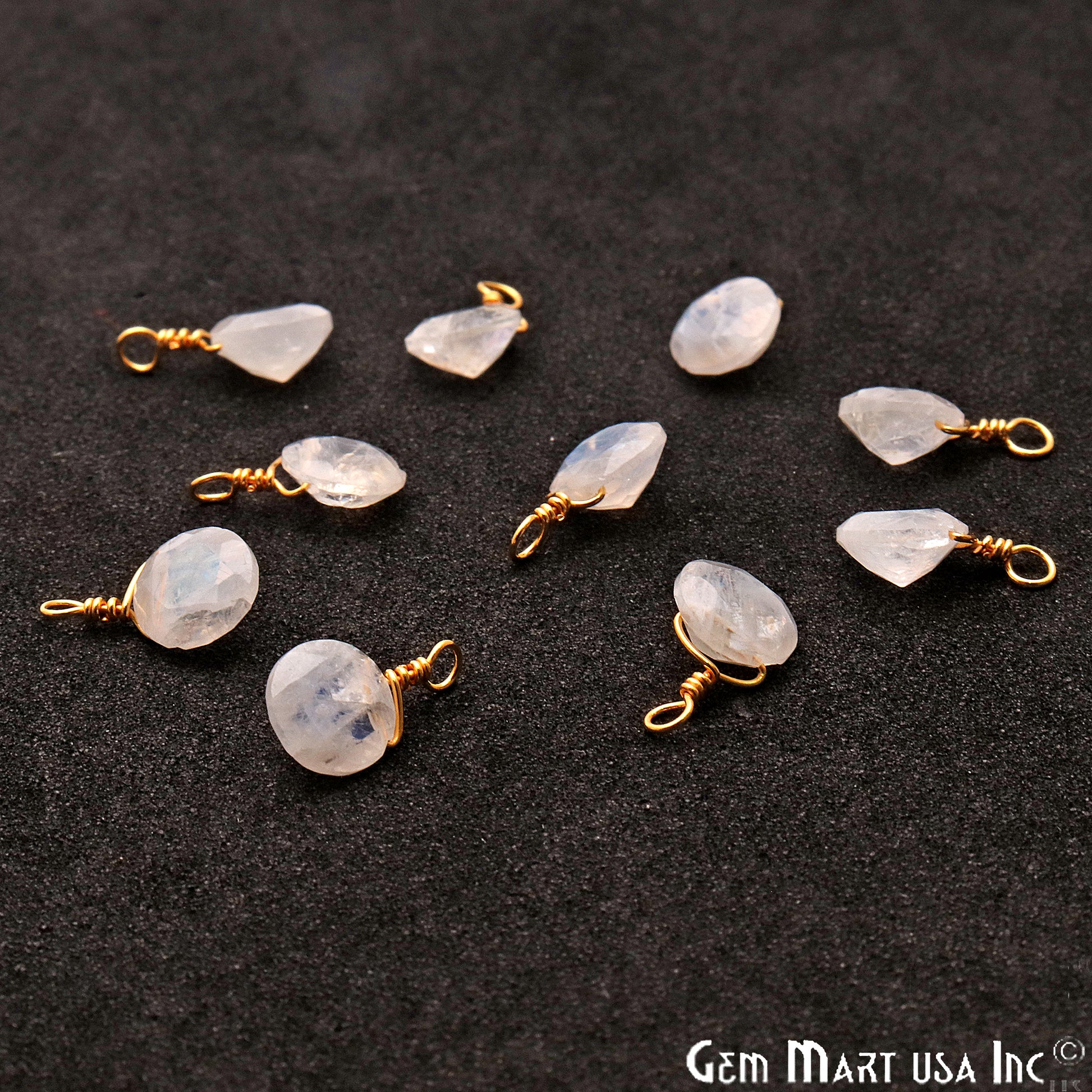 Rainbow Moonstone 7mm Round Single Bail Gold Wire Wrapped Gemstone Connector - GemMartUSA